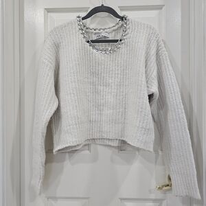 Zara White Silver Crew Neck Sweater Textured Knit